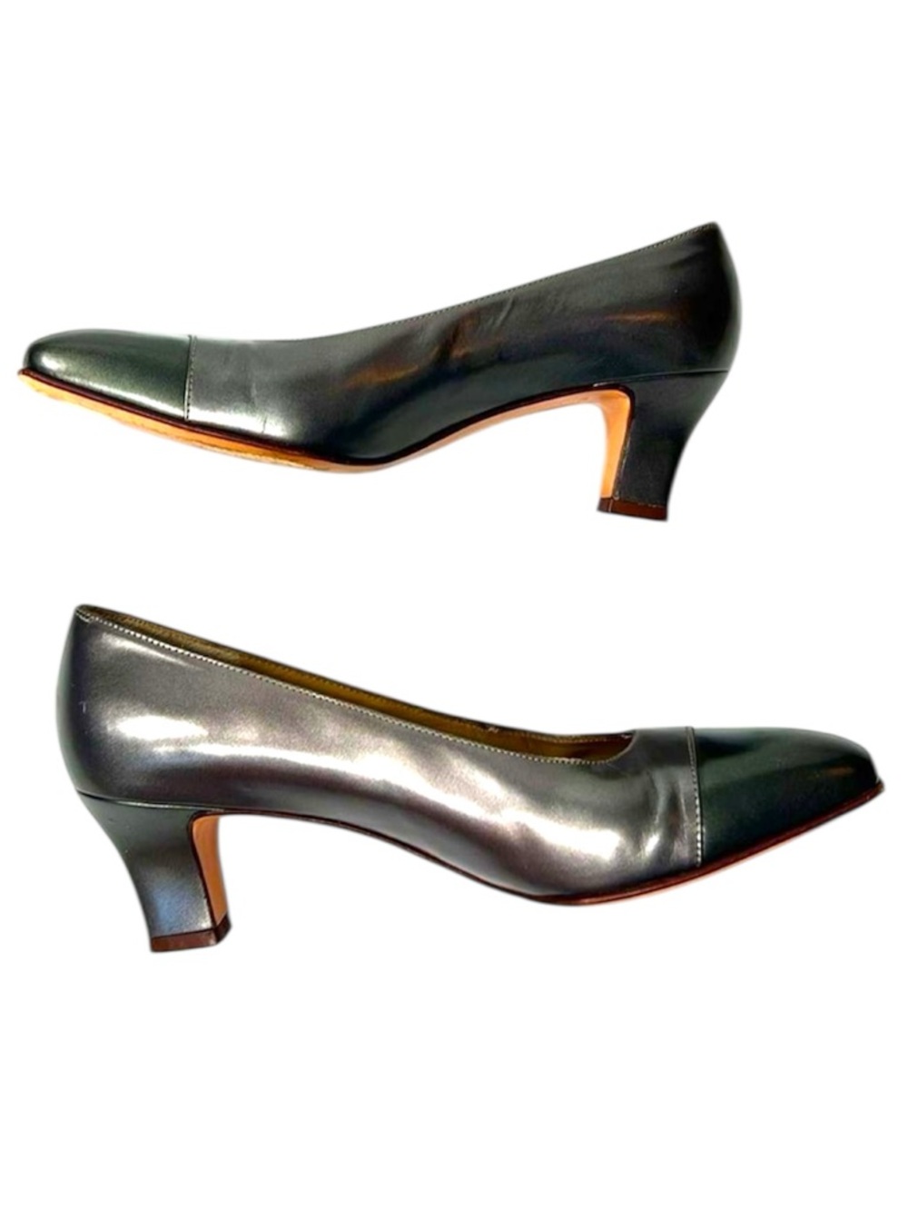 Salvatore Ferragamo Two Tone Cap Toe Leather Pumps Pewter Gray 7B Italy